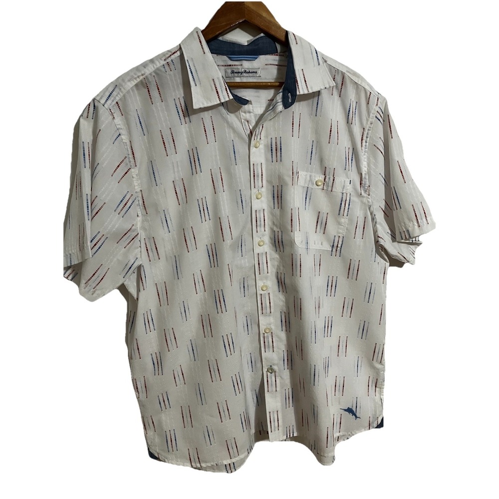 Tommy Bahama Men's shirt button-up short sleeve - XL White with Red/White/Blue
